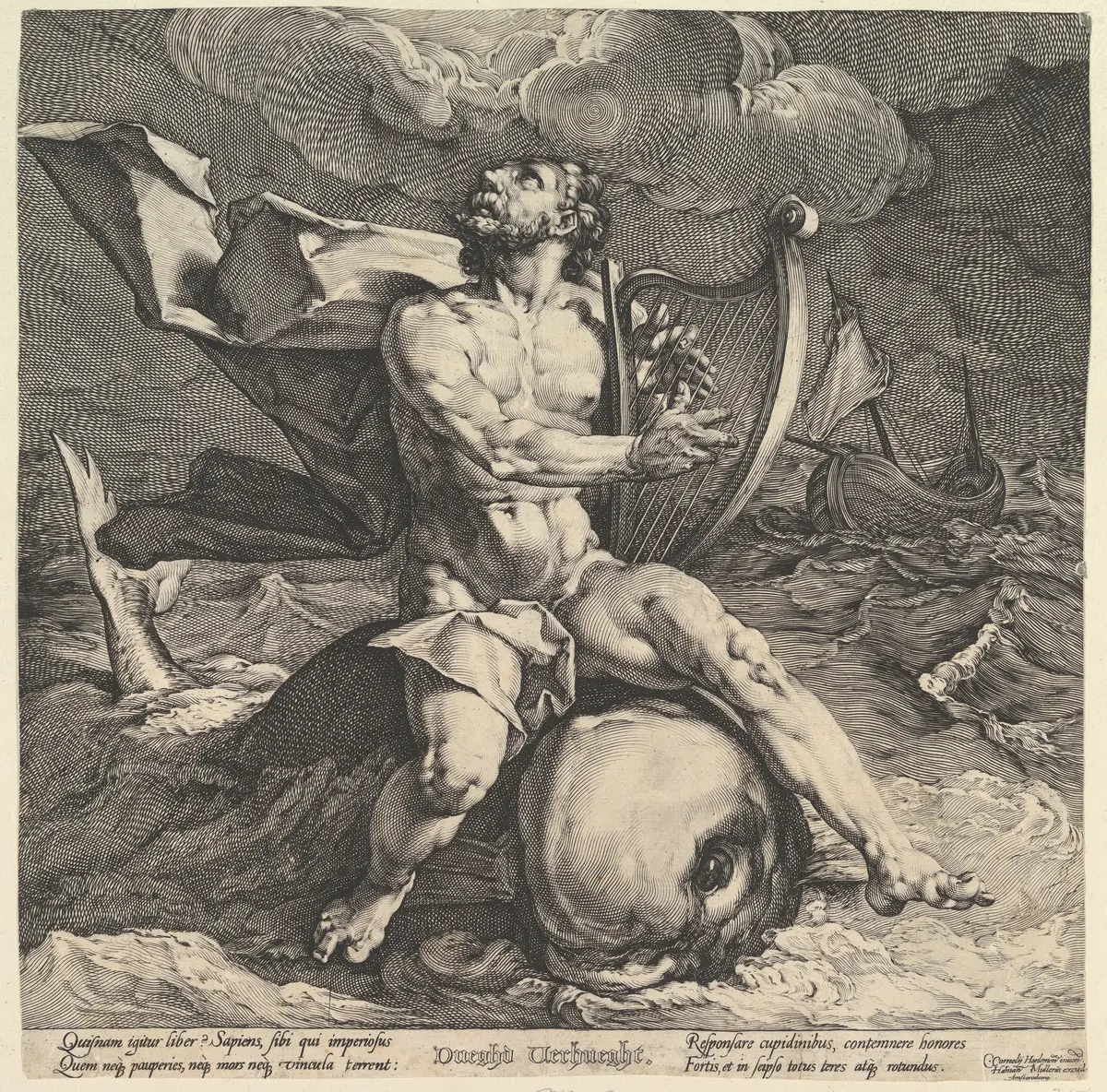 Engraving: a muscular Arion with his lyre rides a dolphin through rough sea