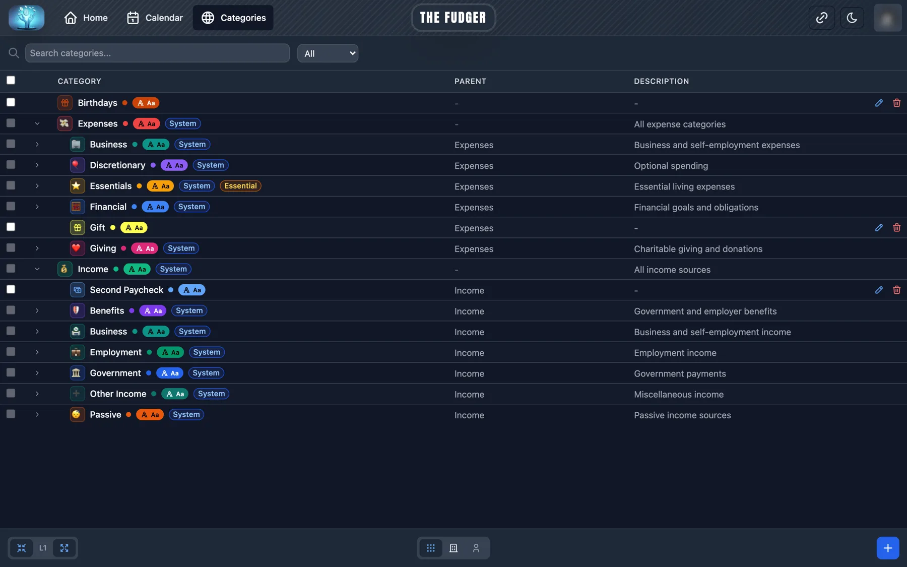 The Fudger categories screen: a hierarchical table of categories with colour swatches and system badges.