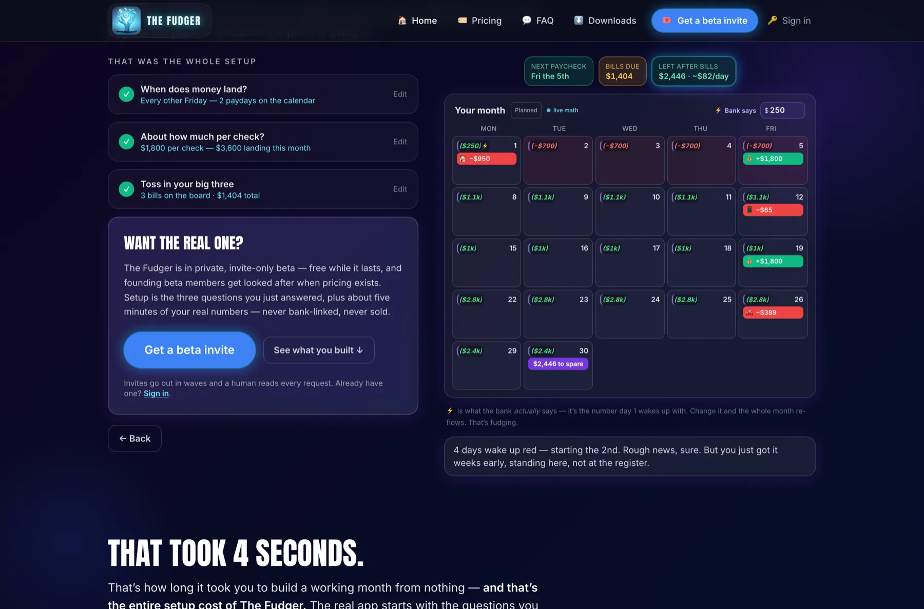 The Fudger marketing playground: three answered setup questions beside a generated month calendar with paydays and bills.